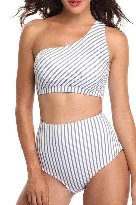 Women's striped 2PC high cut bikini bottom for beach or pool