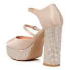 Rag Company high heel rhinestone sandals in nude with embellished block heel and ankle strap detail