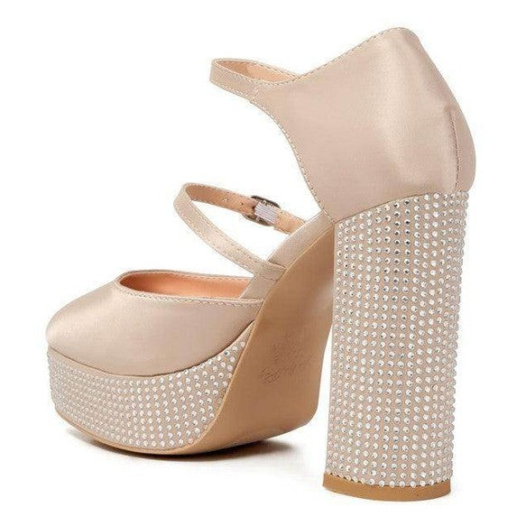 Rag Company high heel rhinestone sandals in nude with embellished block heel and ankle strap detail