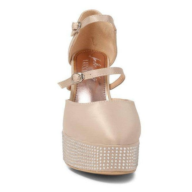Stylish high heel rhinestone sandals with ankle straps and a platform for elegant looks