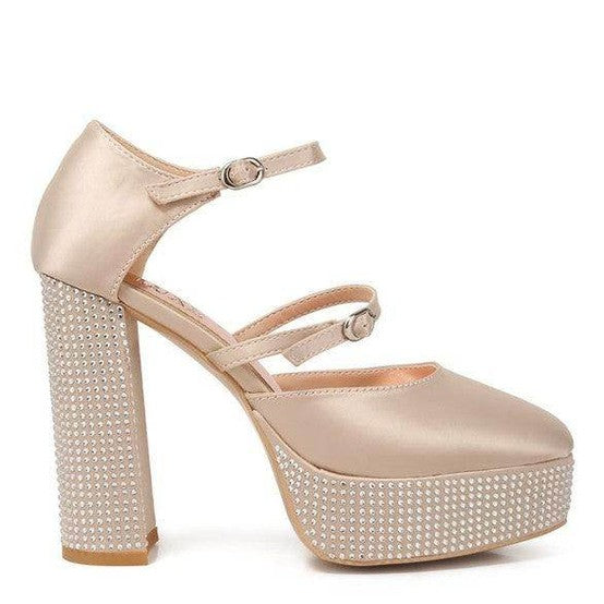 Rag Company high heel rhinestone sandals in beige with a chunky heel and ankle straps