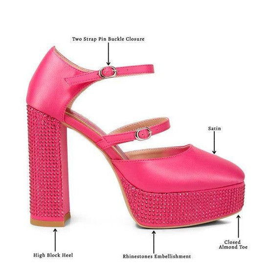 Rag Company high heel rhinestone sandals with satin finish and two strap buckle closure