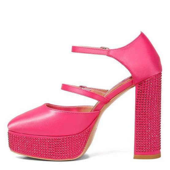 Rag Company high heel rhinestone sandals in vibrant pink with chunky heel and double ankle straps