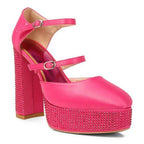 Rag Company high heel rhinestone sandals in pink with double ankle straps and platform design