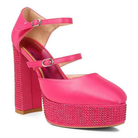 Rag Company high heel rhinestone sandals in pink with double ankle straps and platform design