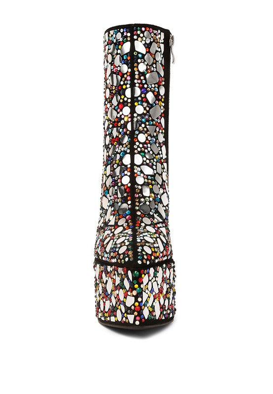 Rag Company high heel statement boots for women featuring a vibrant multicolored studded design