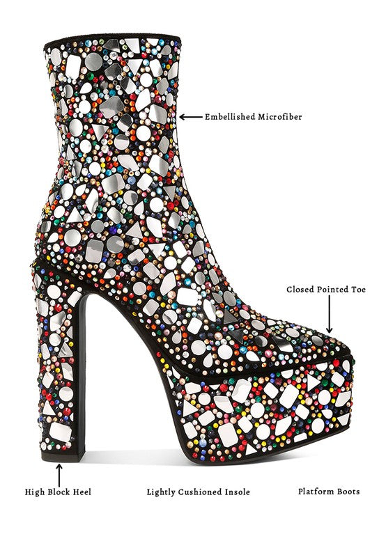 Rag Company high heel statement boots for women with embellished microfiber and a closed pointed toe