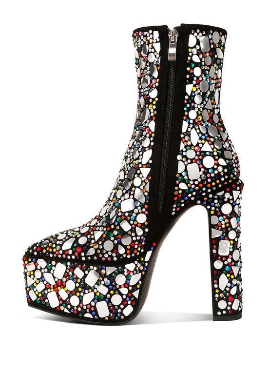Rag Company high heel statement boots for women with colorful mosaic design and side zipper