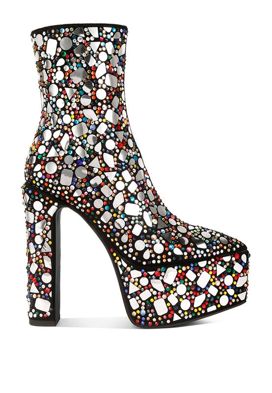 Rag Company high heel statement boots for women with colorful gem embellishments and platform sole