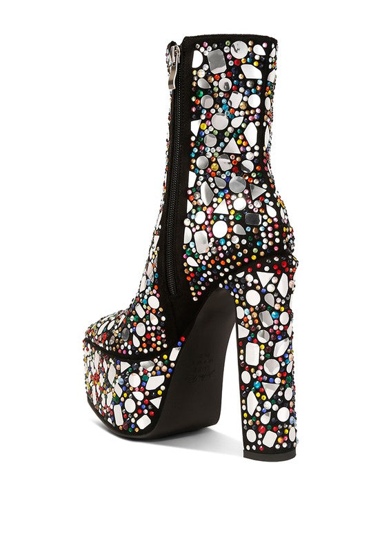 Rag Company high heel statement boots for women with a colorful embellished design and platform sole