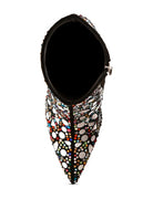 Rag Company high heel statement boots for women with a colorful polka dot design and pointed toe