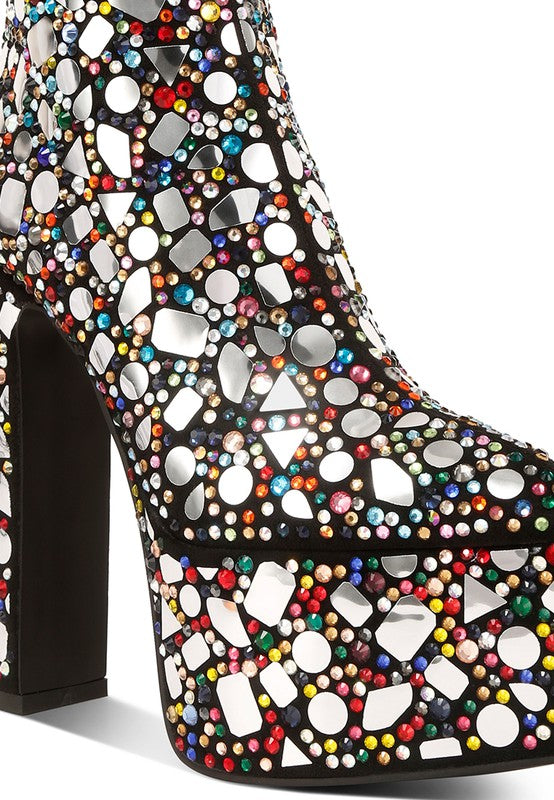 Rag Company high heel statement boots for women featuring colorful rhinestones and a bold design