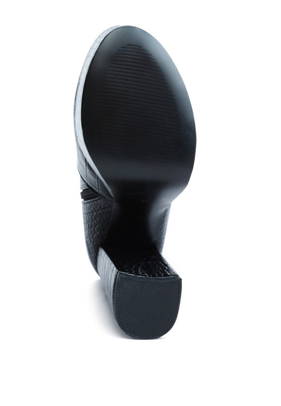 Black high heeled crocodile boots from Rag Company with textured finish and sleek design