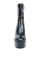 Rag Company high heeled crocodile boots in black with a sleek design and side zipper for easy wear