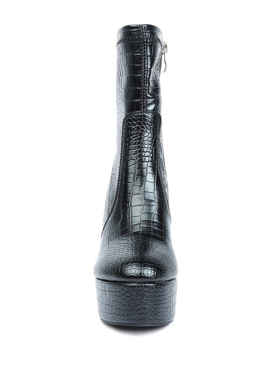Rag Company high heeled crocodile boots in black with a sleek design and side zipper for easy wear
