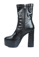 Rag Company high heeled crocodile boots in black with stylish zip closure and chunky platform