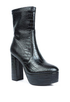 Stylish high heeled crocodile boots for women featuring a chunky platform and sleek design