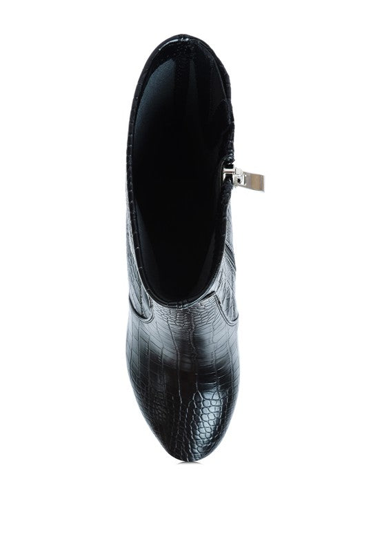 Rag Company high heeled crocodile boots in black with a sleek design and side zipper