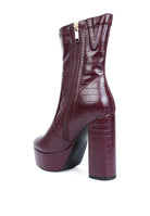 Rag Company high heeled crocodile boots in burgundy with a stylish back zipper for a chic look