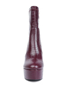Rag Company high heeled crocodile boots in burgundy with sleek ankle design for stylish comfort