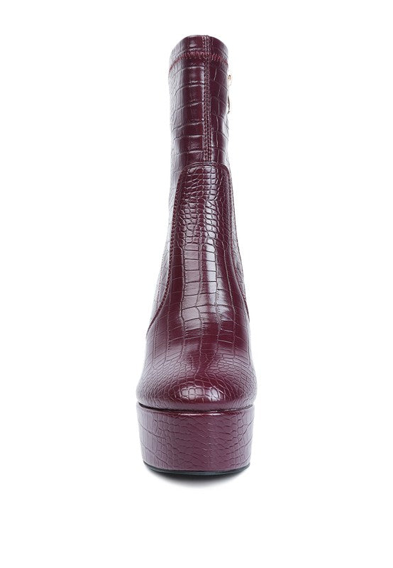 Rag Company high heeled crocodile boots in burgundy with sleek ankle design for stylish comfort