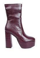 Rag Company high heeled crocodile boots in burgundy with a chunky platform and stylish design