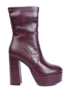 Rag Company high heeled crocodile boots in burgundy with a chunky platform and stylish design