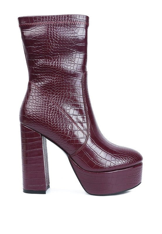Rag Company high heeled crocodile boots in burgundy with a chunky platform and stylish design