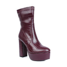 Rag Company high heeled crocodile boots in burgundy with a thick platform and stylish design