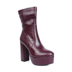 Rag Company high heeled crocodile boots in burgundy with a thick platform and stylish design