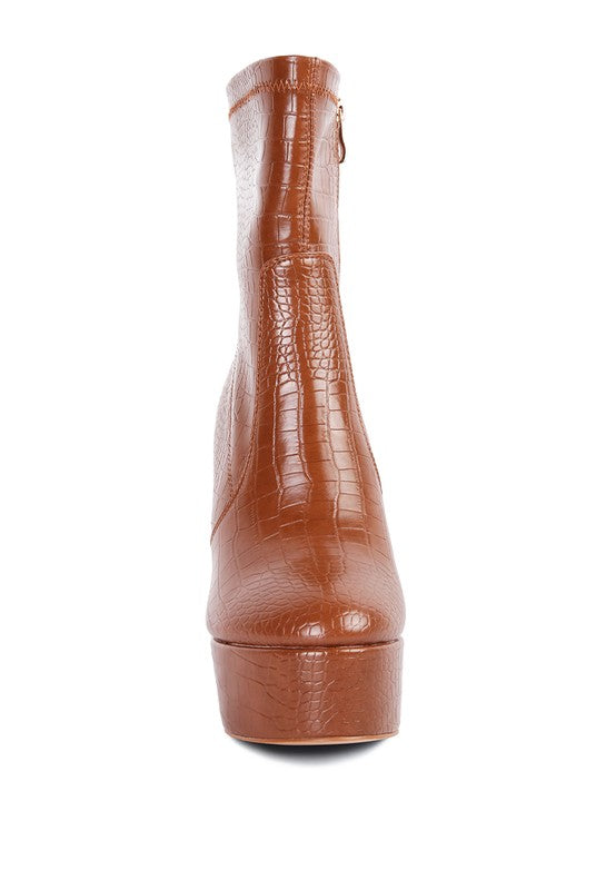 Rag Company high heeled crocodile boots in brown with a sleek design and stylish platform