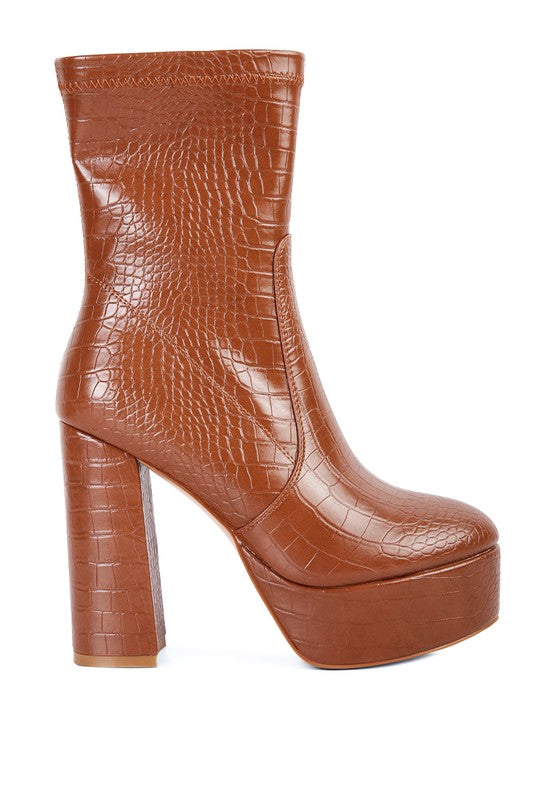 Rag Company high heeled crocodile boots in brown with a chunky platform and stylish design