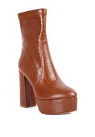 Rag Company high heeled crocodile boots in brown featuring a chunky platform and sleek ankle design