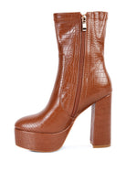 Brown high heeled crocodile boots with a stylish design and zip closure for women's fashion