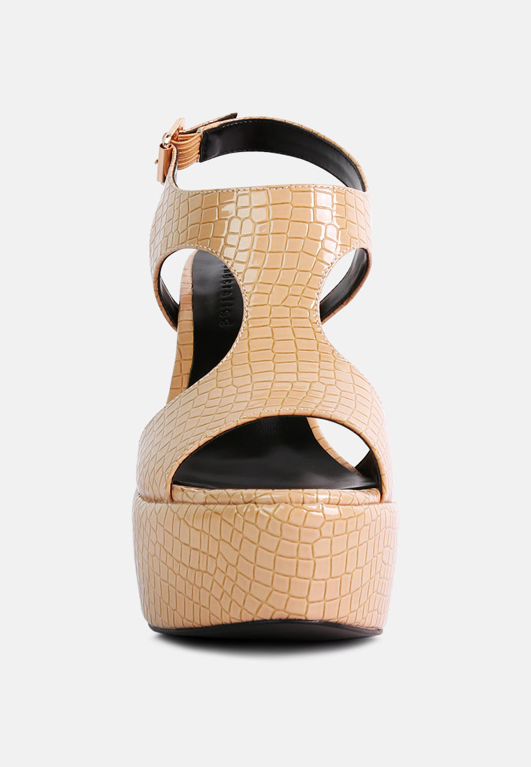 London Rag International high heeled cut out sandals in beige with a stylish crocodile texture and ankle strap