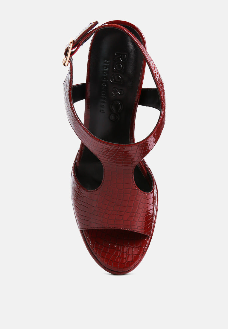 London Rag International high heeled cut out sandals in red with stylish crocodile texture and ankle strap
