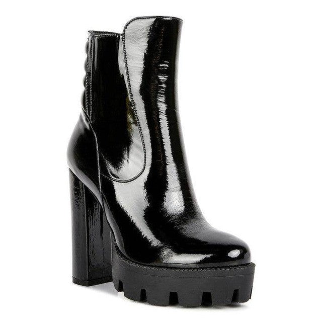 High Key Collared Patent High Heeled Ankle Boot - VacationGrabs