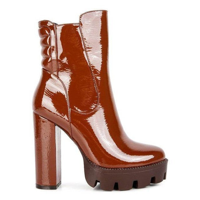 High Key Collared Patent High Heeled Ankle Boot - VacationGrabs