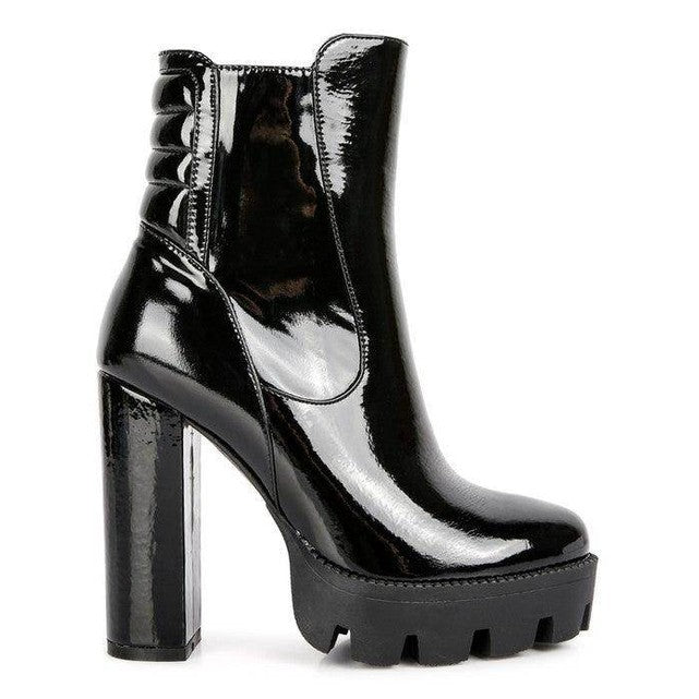 High Key Collared Patent High Heeled Ankle Boot - VacationGrabs
