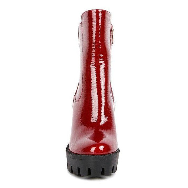 High Key Collared Patent High Heeled Ankle Boot - VacationGrabs