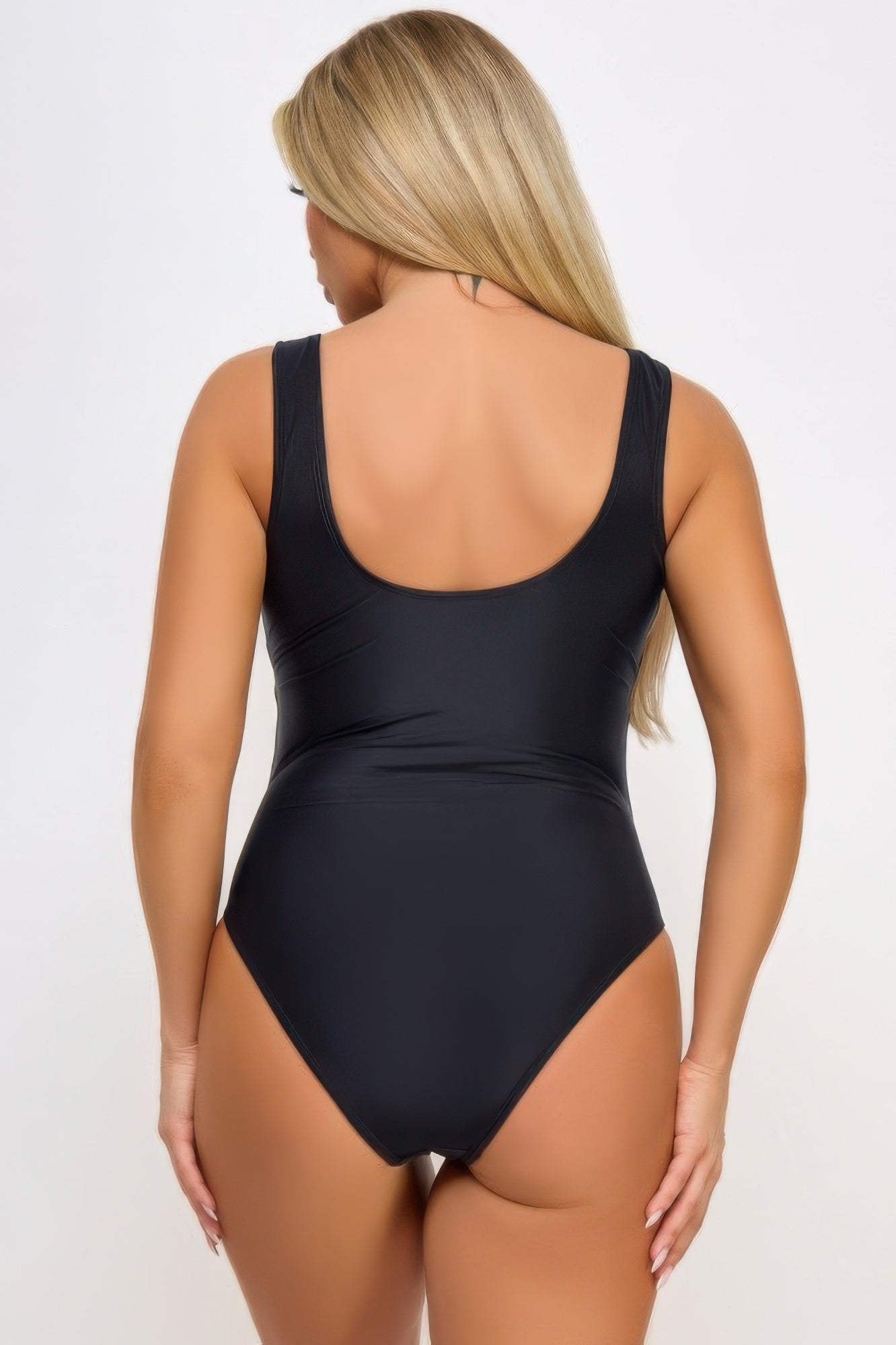 Black high leg bathing suit with tie front, designed for women's swimwear for a stylish beach look