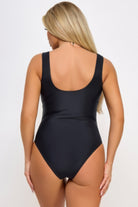Black high leg bathing suit with tie front, designed for women's swimwear for a stylish beach look