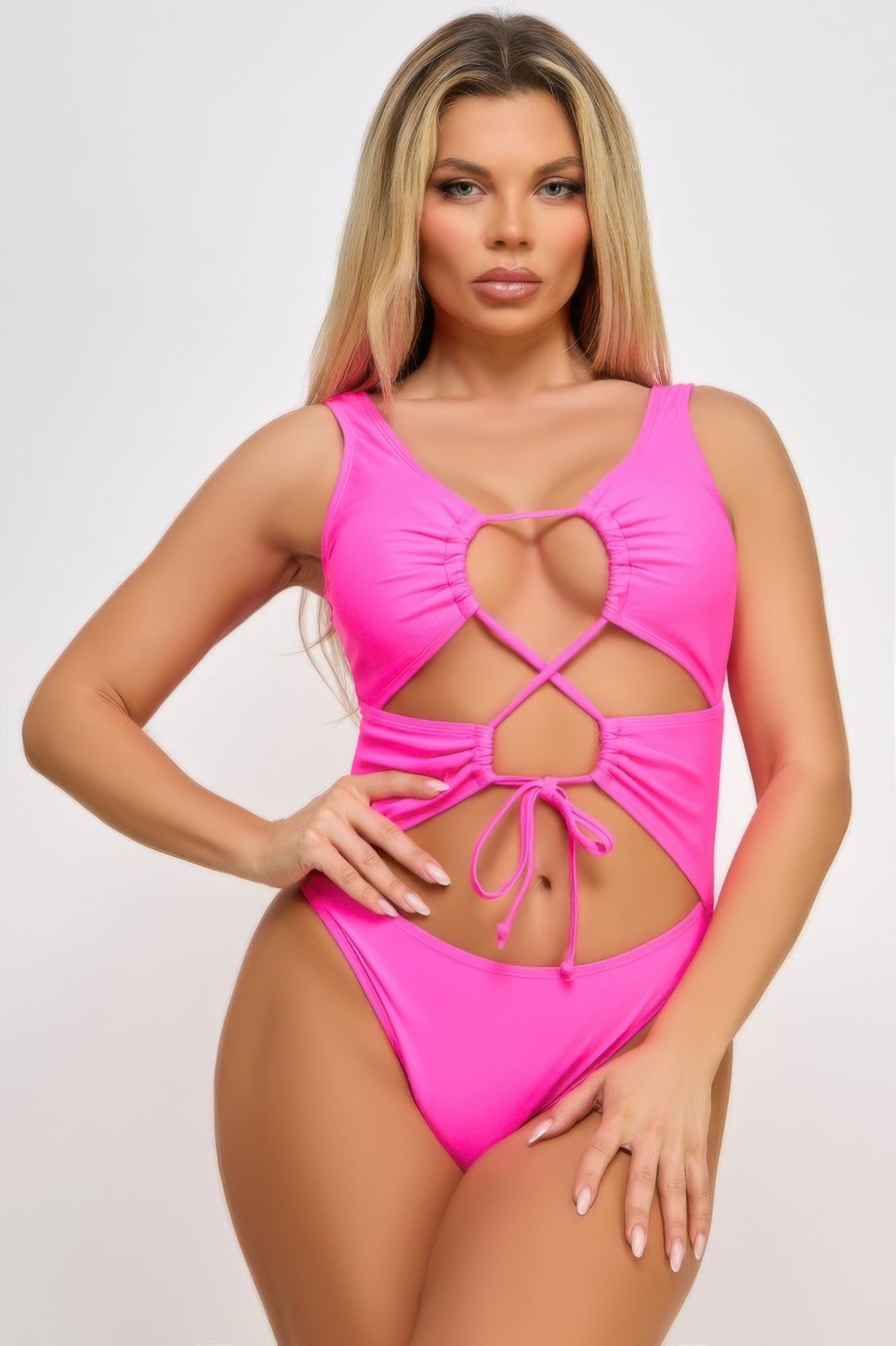 VacationGrabs high leg bathing suit with tie front in vibrant pink with cutout design