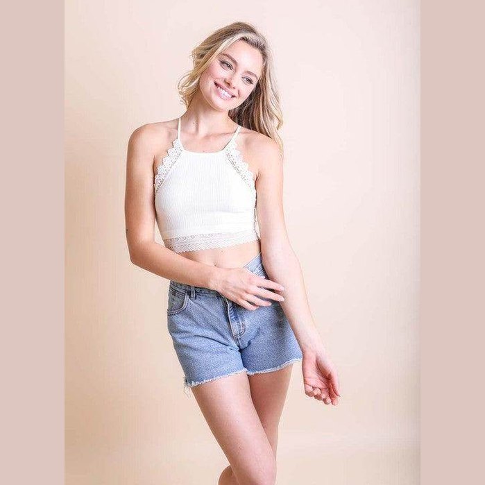 High Neck Crochet Lace Trim Bralette - VacationGrabs