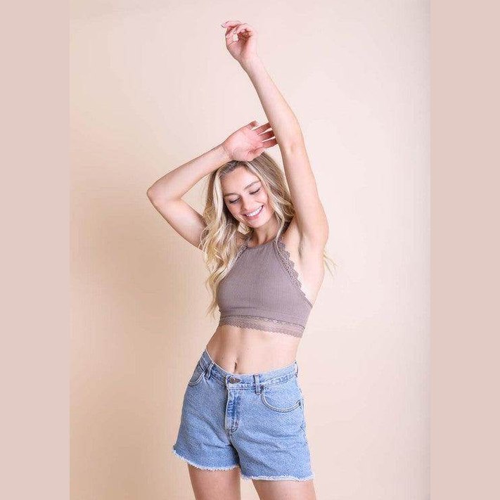 High Neck Crochet Lace Trim Bralette - VacationGrabs