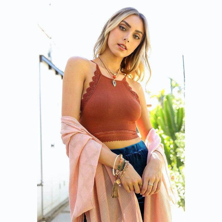 High Neck Crochet Lace Trim Bralette - VacationGrabs