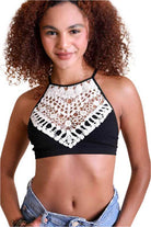 Women's high neck lace top by Leto Accessories featuring a crochet design and cropped fit