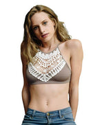 Leto Accessories high neck lace top in beige with intricate lace design and a cropped fit