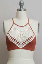 Leto Accessories high neck lace top in rust color with intricate lace detailing for a stylish touch