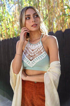 Leto Accessories High Neck Lace Top in mint green with intricate lace details perfect for stylish outfits